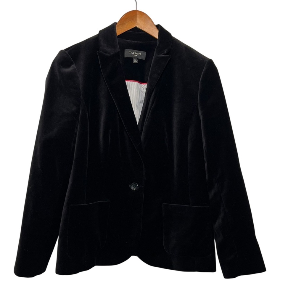 Talbots Black Velvet Blazer Jacket Womens 10P Petite Single Button Preppy Office